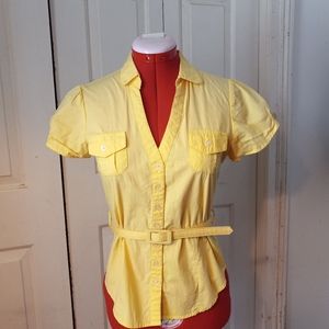 1955 Vintage Women's Yellow Button-up Blouse with Belt Size M